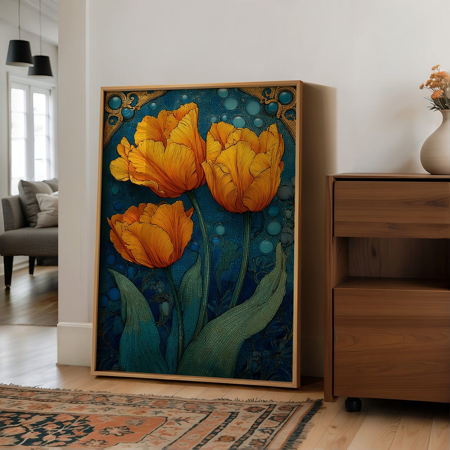 Three Tulips in a Tiled Dream