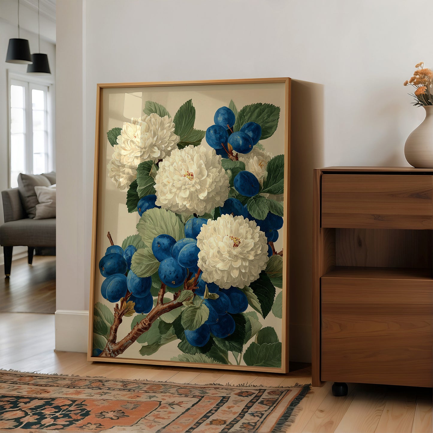 Cream Blossoms Among the Blue Plums