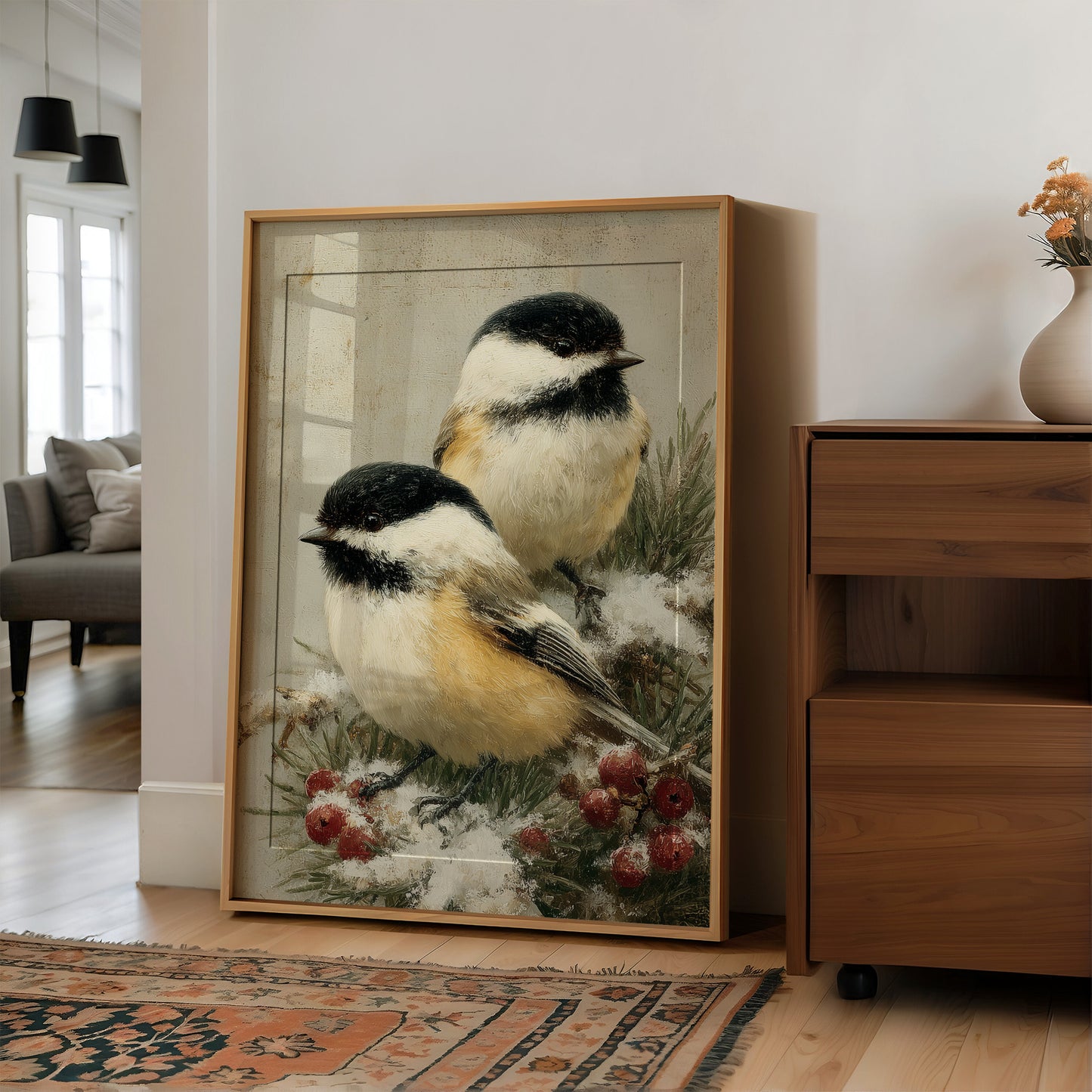 Two Chickadees in Snow