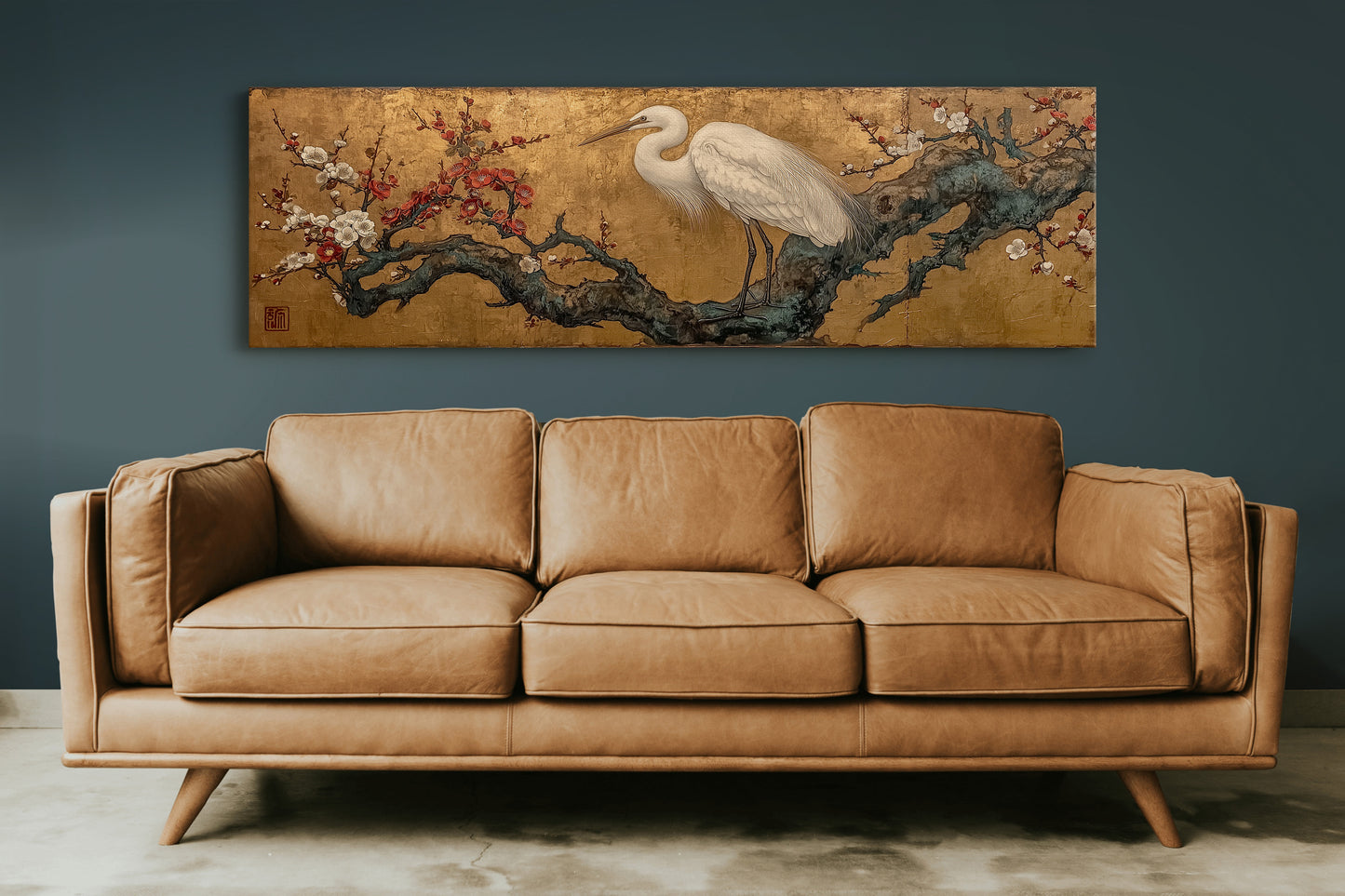 Egret Among Crimson Plum Blossoms