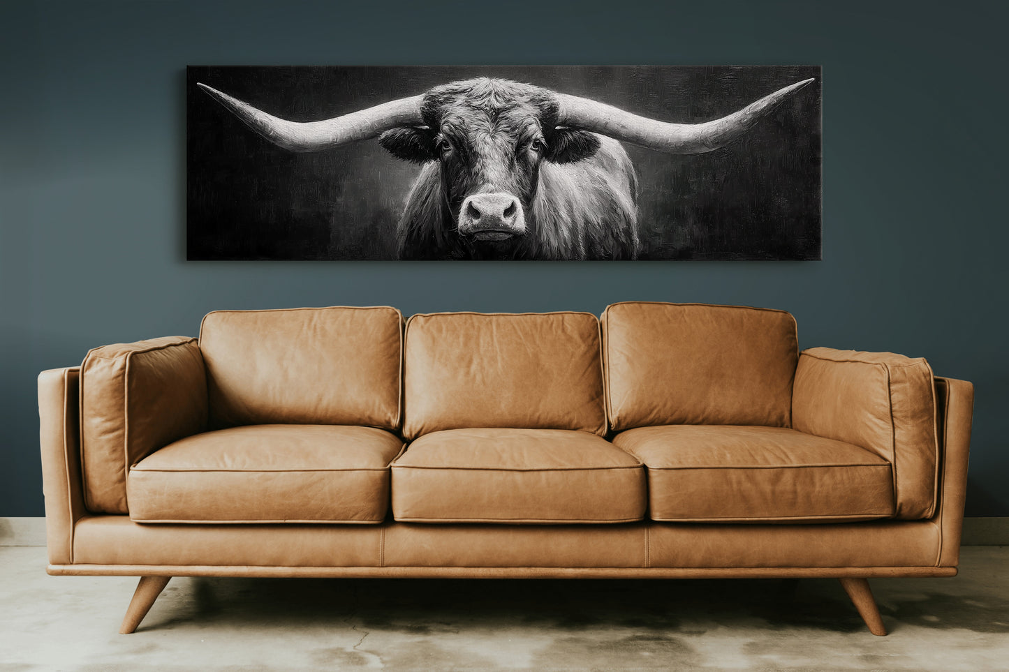 Black and White Longhorn Portrait on Dark Background