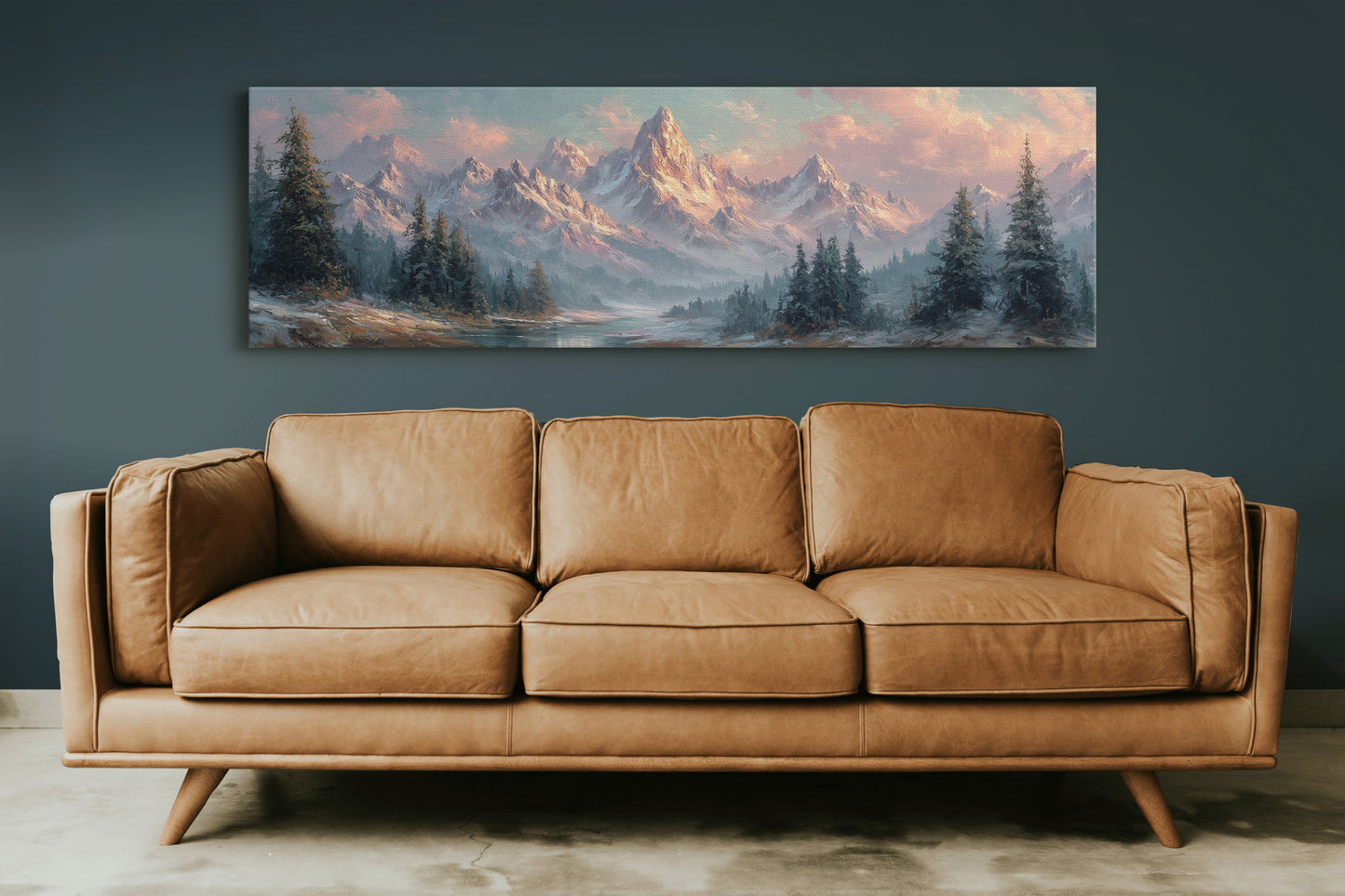 Sunlit Mountain Peaks at Dawn Over Frosted Forest