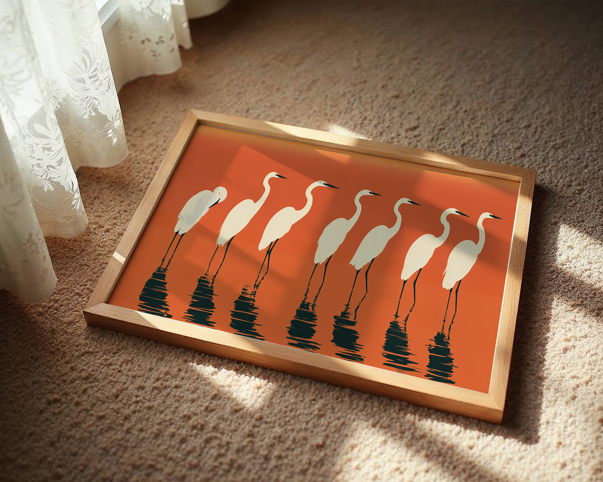 Egrets Wading Burnt Sunset