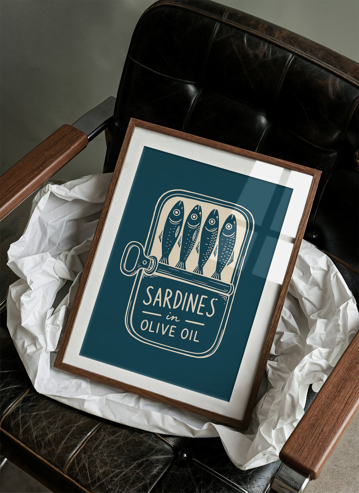 Sardines in Olive Oil — Teal Woodcut Tin Print