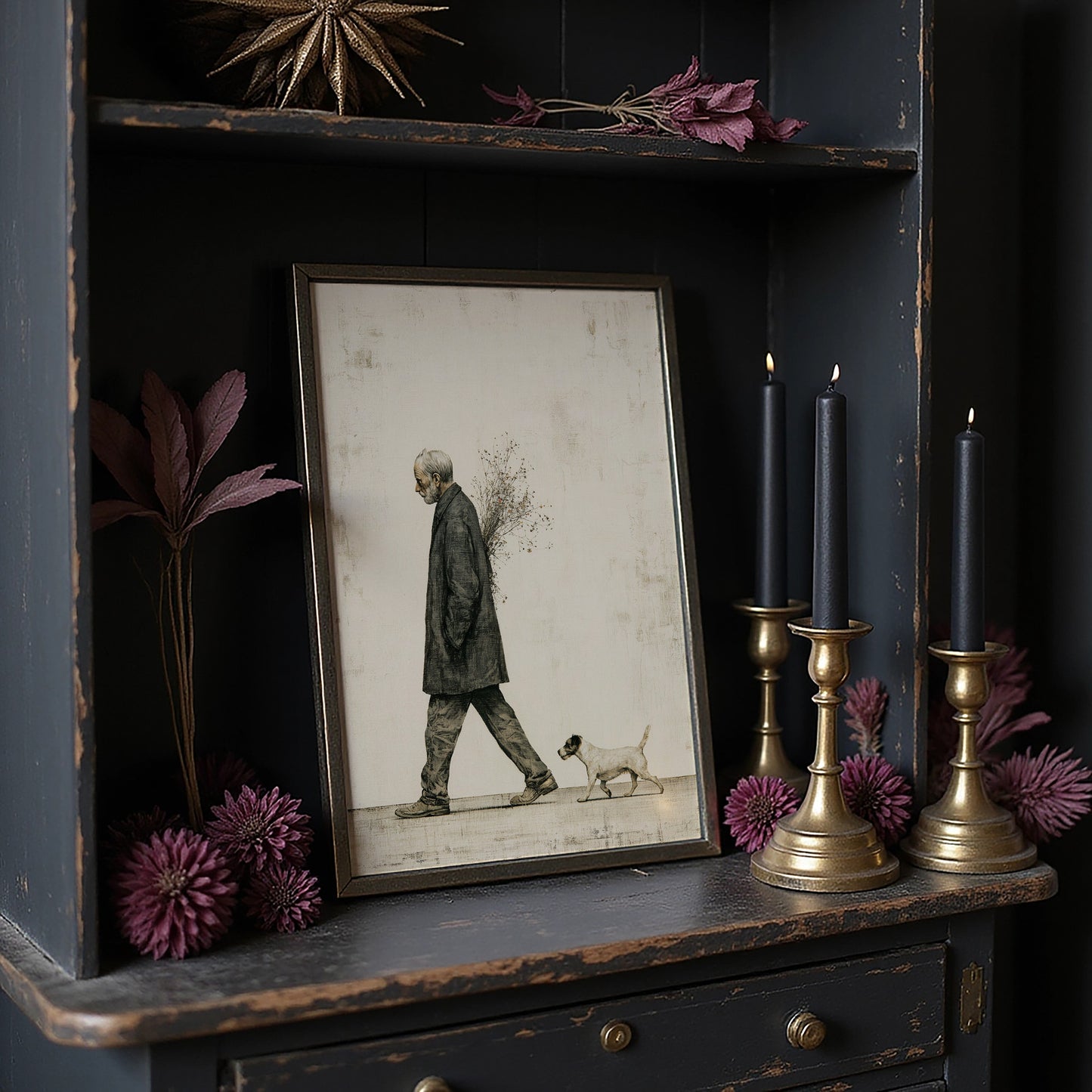 The Old Man Carrying Wildflowers — Surreal Figurative Print