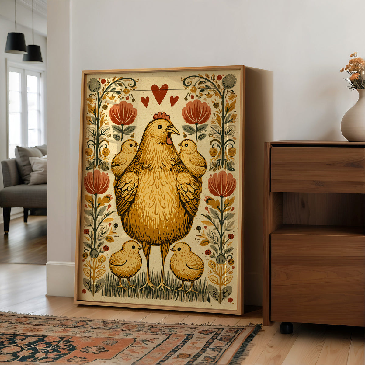 Mother Hen and Chicks — Folk Art Farmhouse Print