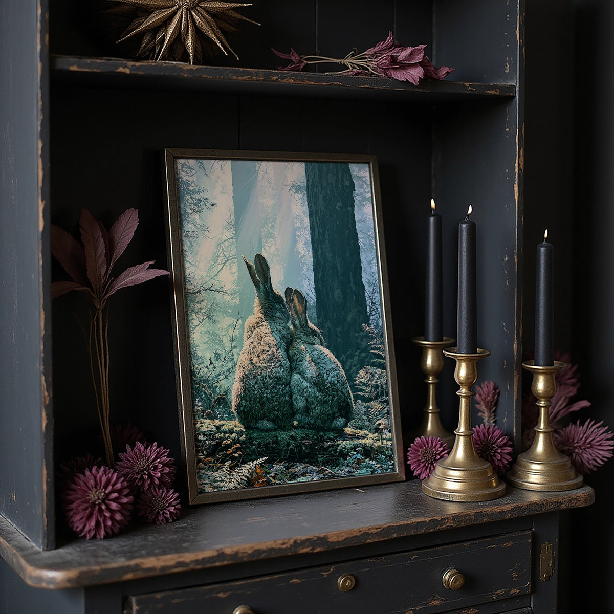 Two Rabbits in Morning Light — Close-Up Forest Painting