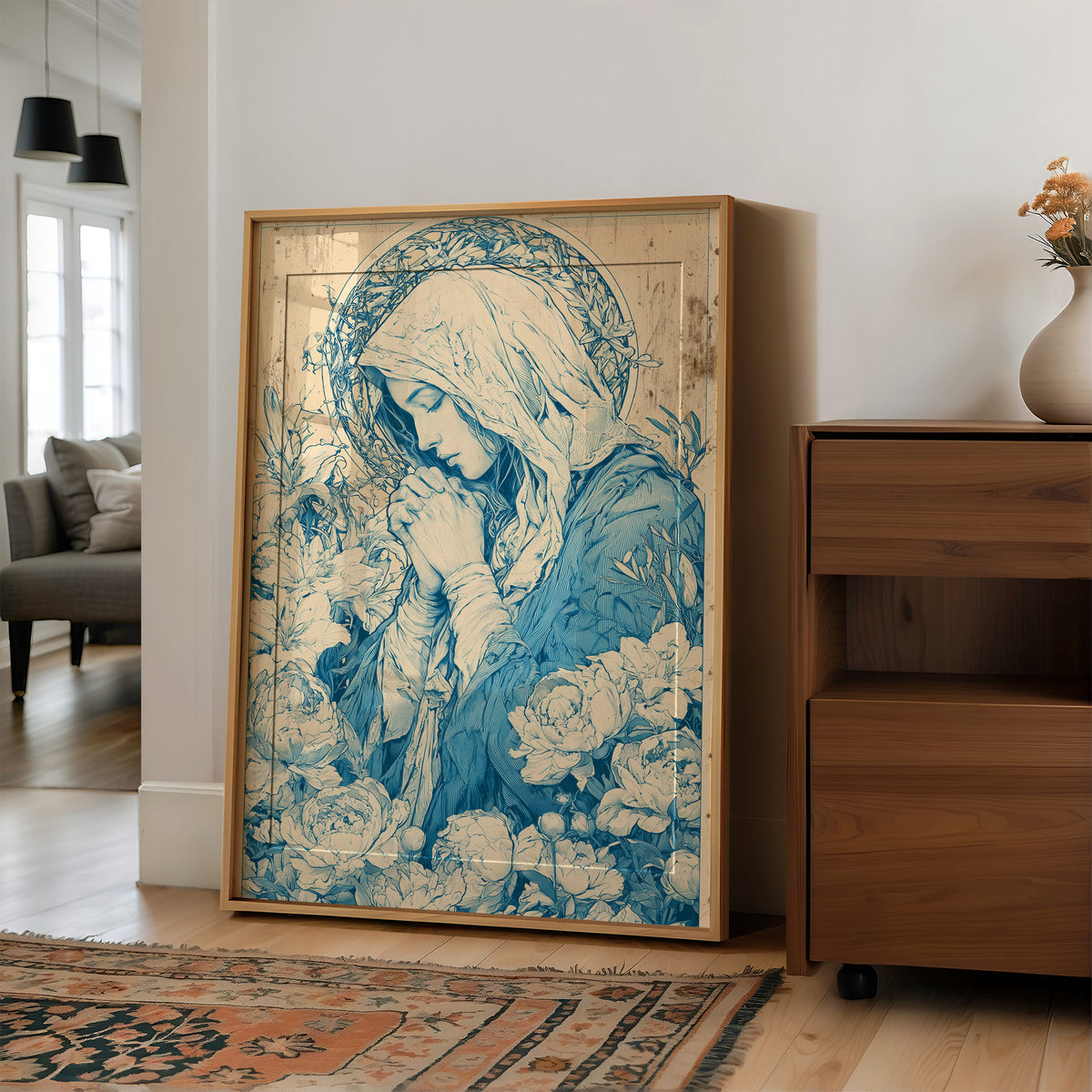 Madonna in Lilies — Cobalt Blue Devotional Engraving