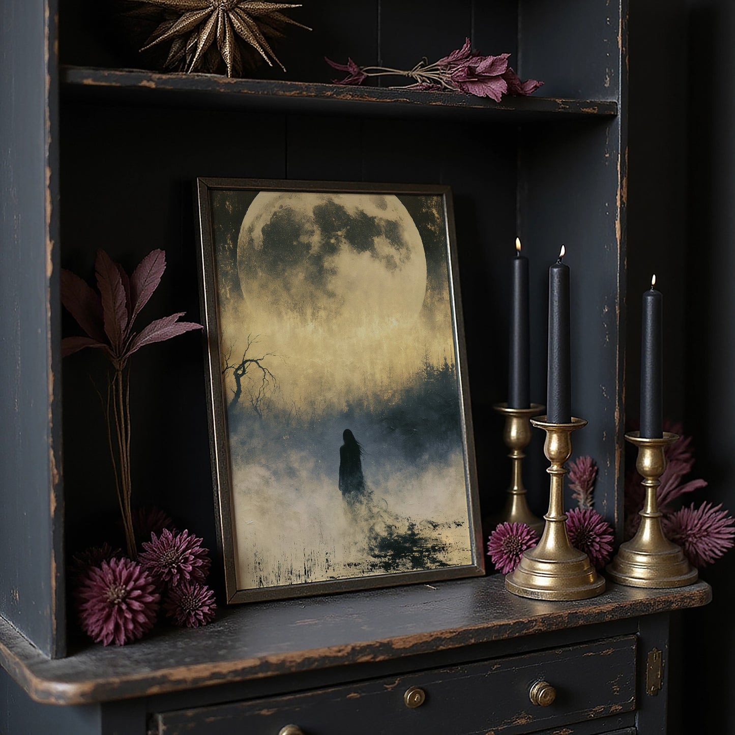 Lost in the Fog: Distant Figure and Moon