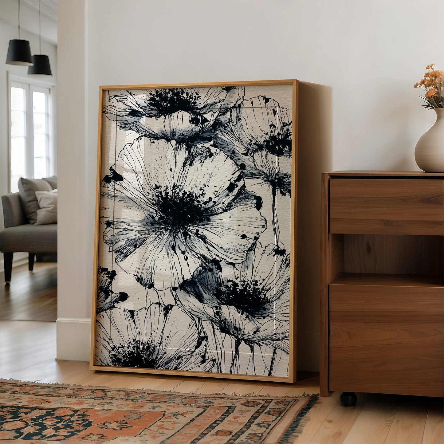 Poppies in Ink Splatter