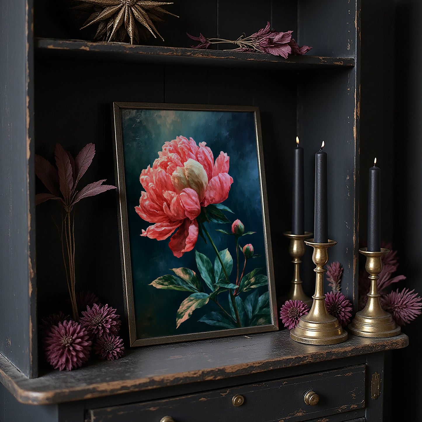 Coral Peony Against Midnight Blue