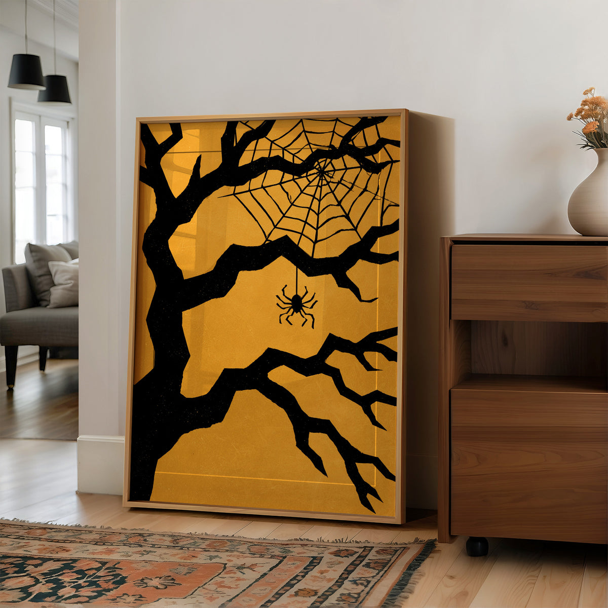 Just Hanging Around, Spookily, large framed print leaning on a white wall beside a wood cabinet