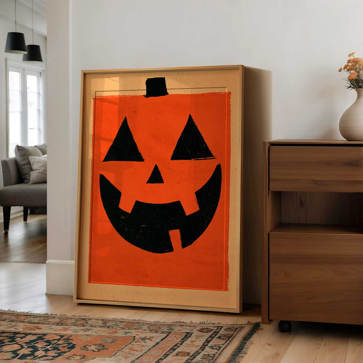 It’s Hip To Be Square, large framed print leaning on a white wall beside a wood cabinet