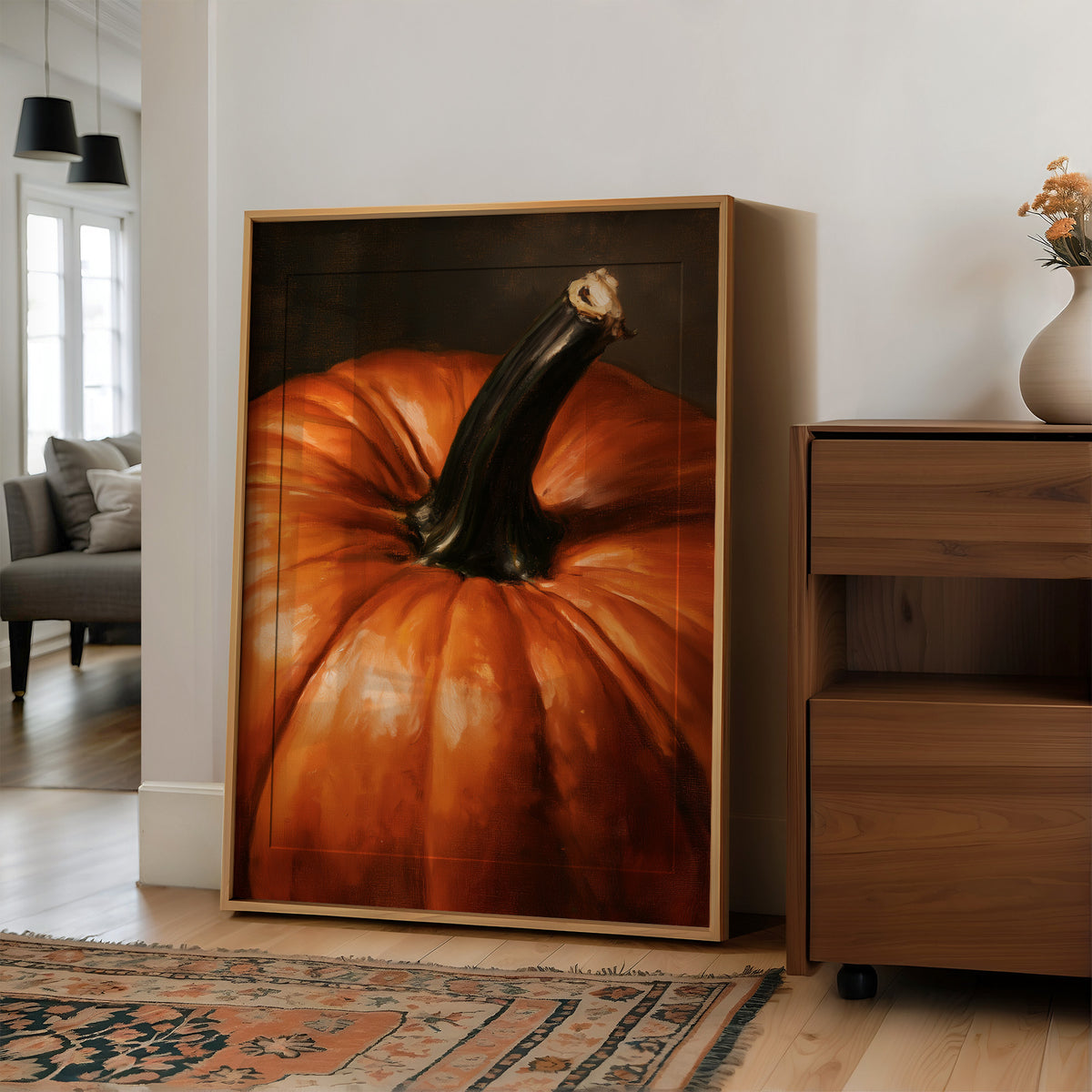 Stem Cell Of The Season, large framed print leaning on a white wall beside a wood cabinet
