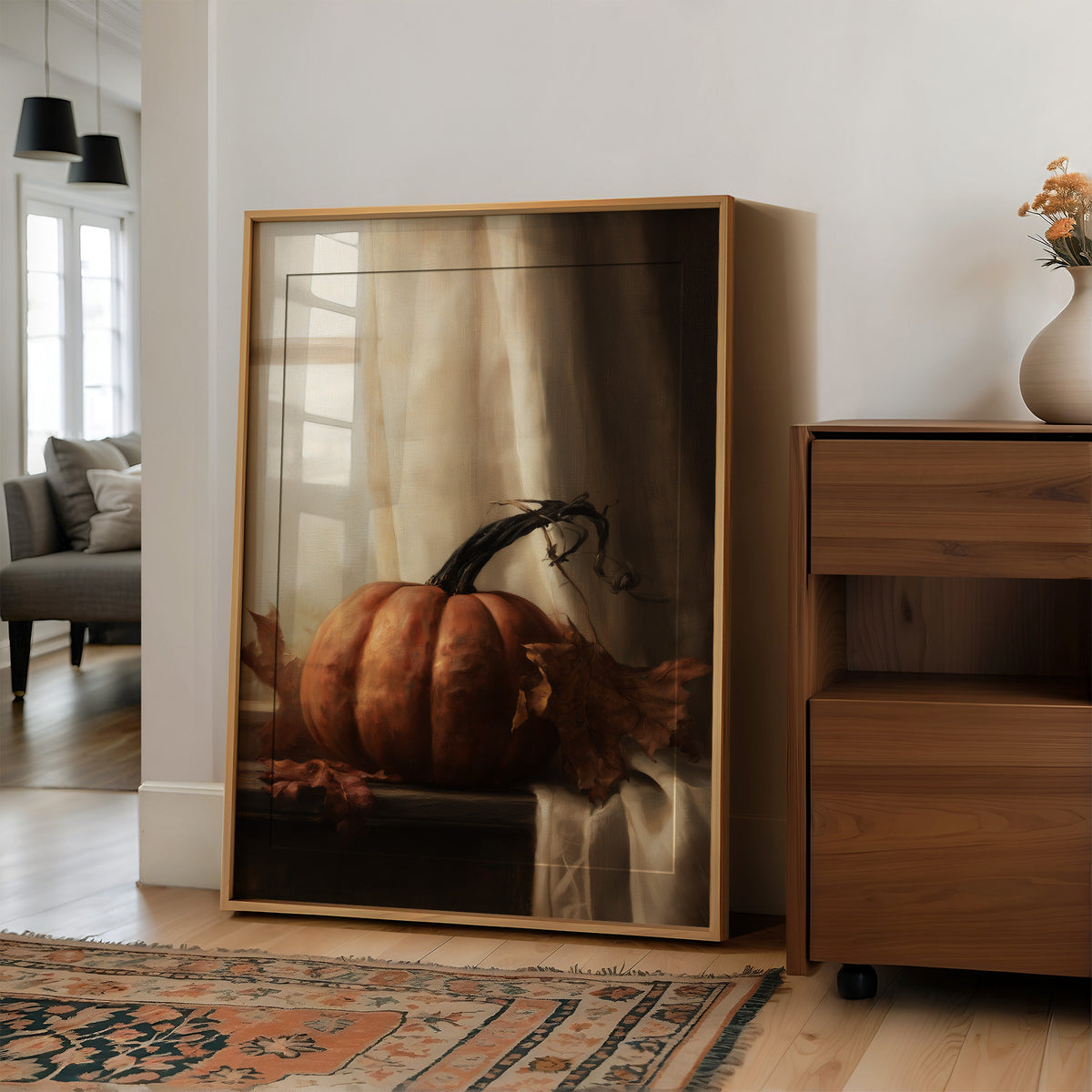 Window Seat Reserved For One Gourd, large framed print leaning on a white wall beside a wood cabinet