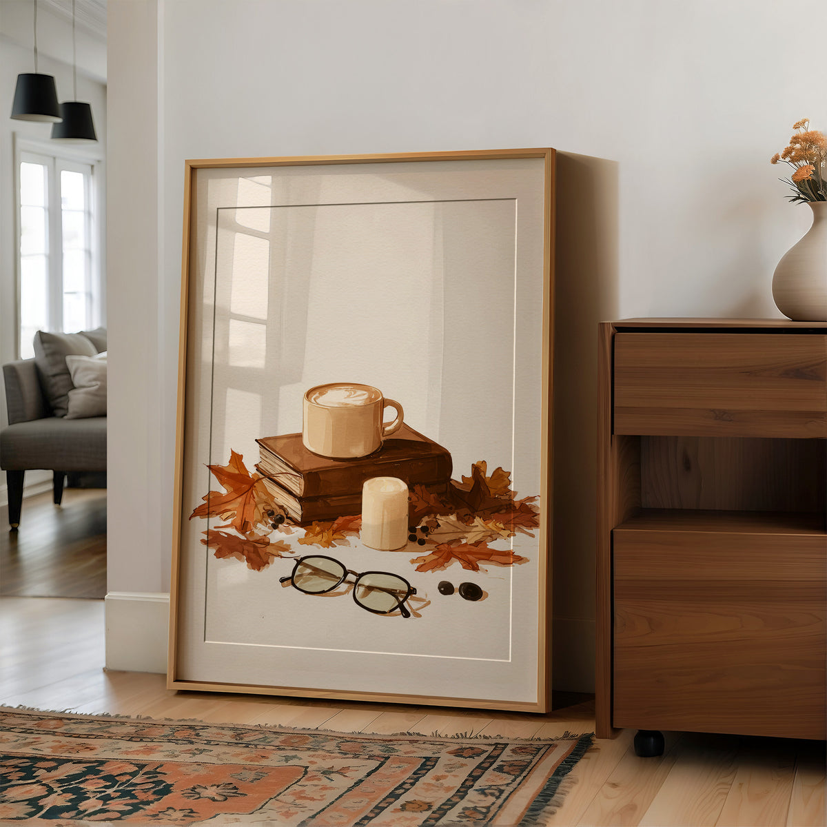 Brewed Awakening Between Chapters, large framed print leaning on a white wall beside a wood cabinet