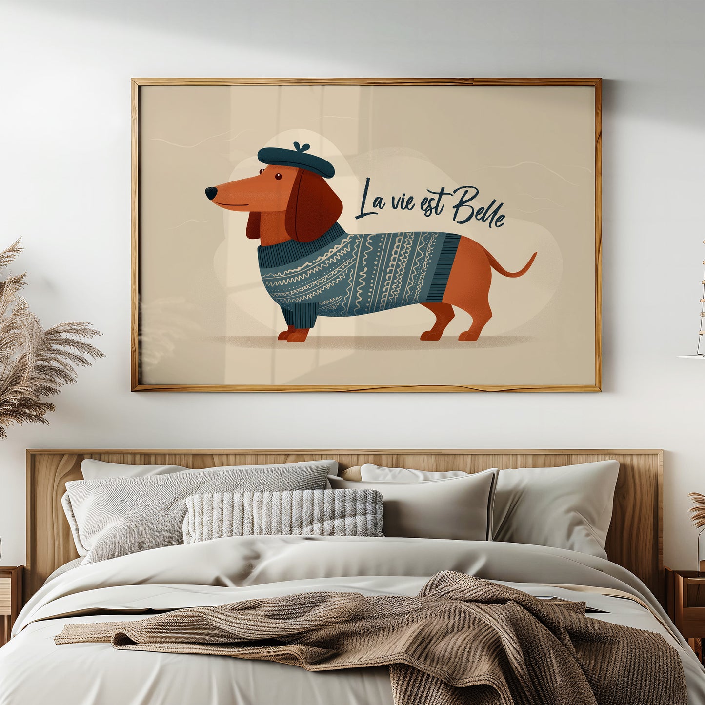 La Vie Est Belle Canvas Art | French Dachshund in Beret & Sweater Print for Living Room, Office or Dog Lover Décor