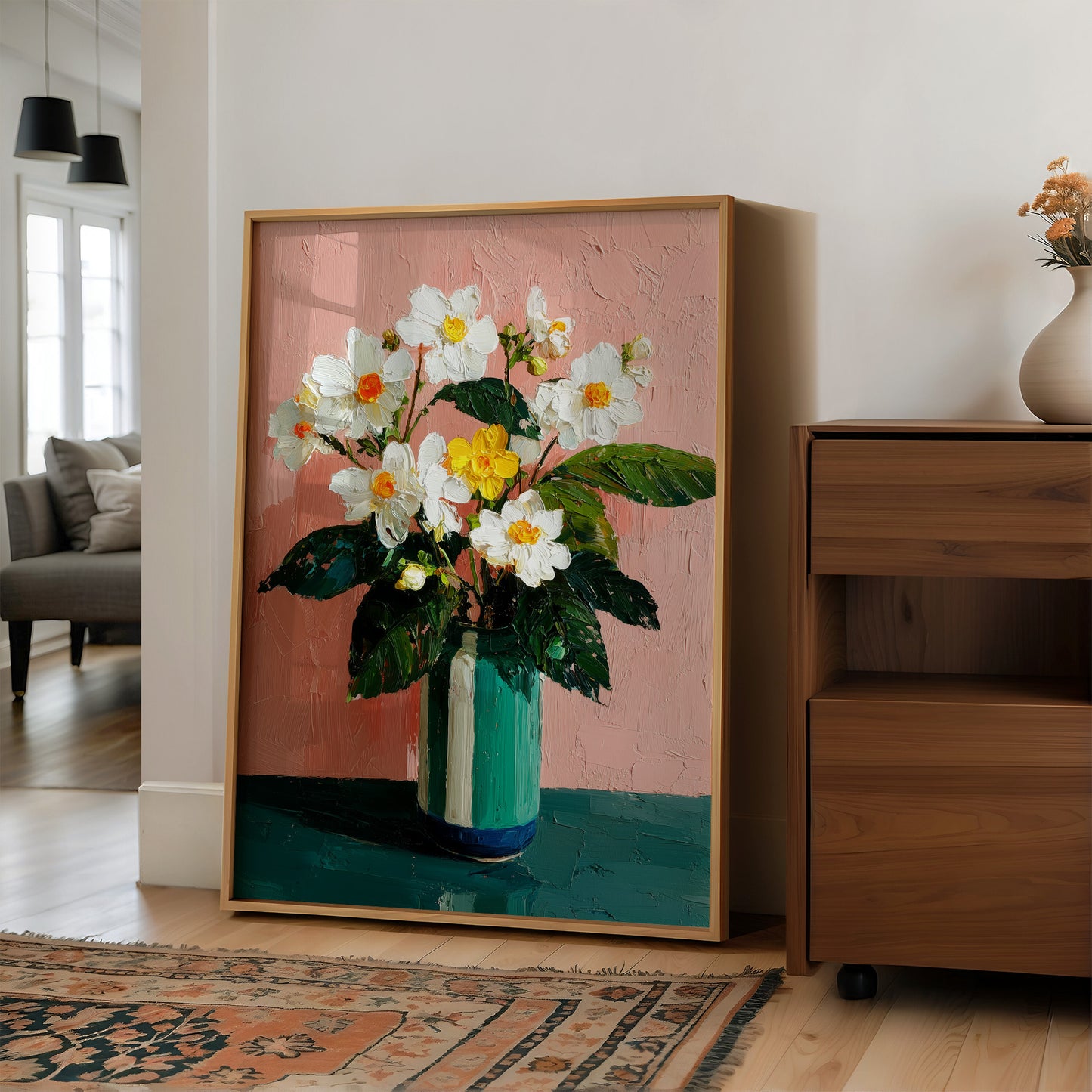 White Flowers Against a Pink Wall