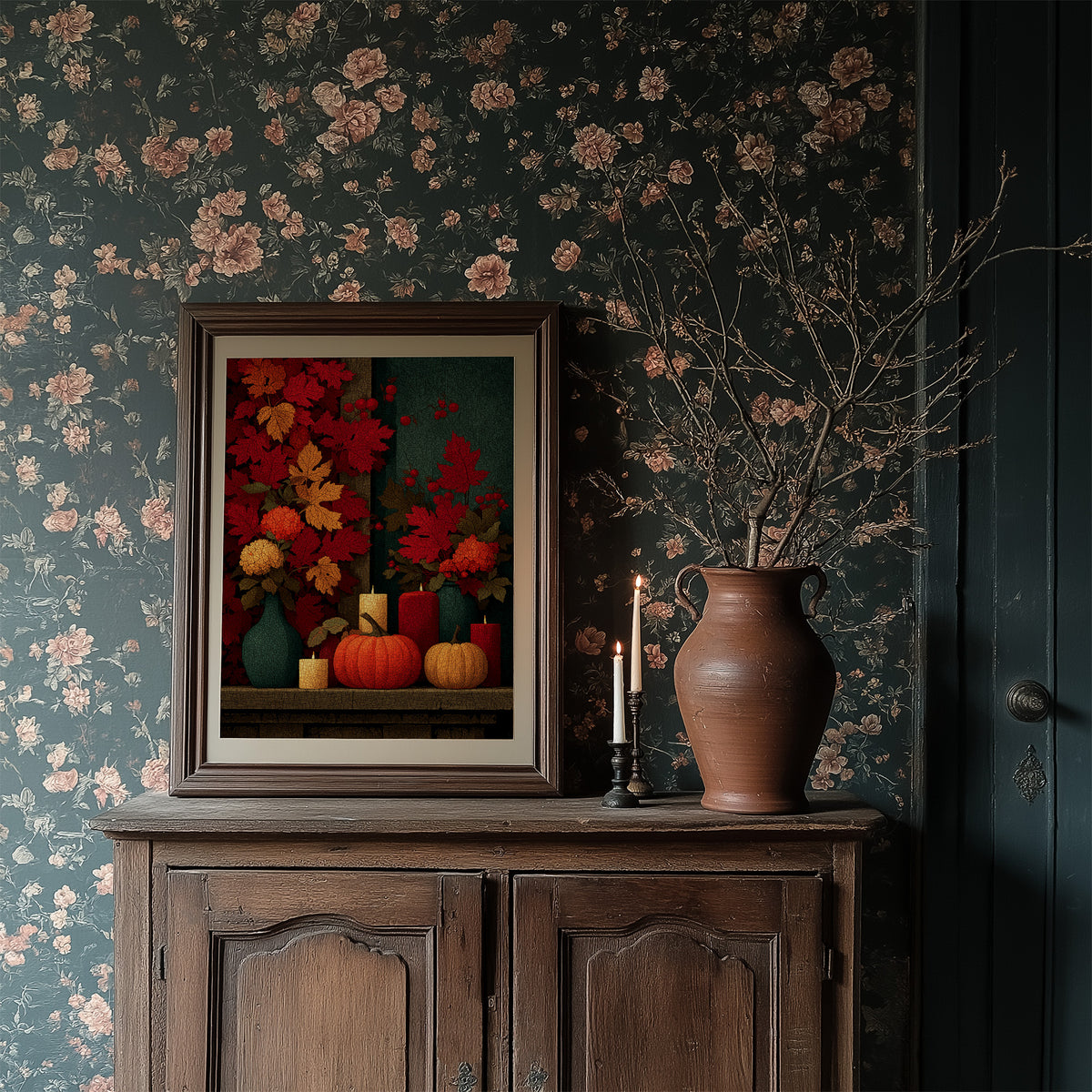 Candlelit Mantel: Leaves Took Over the Wall