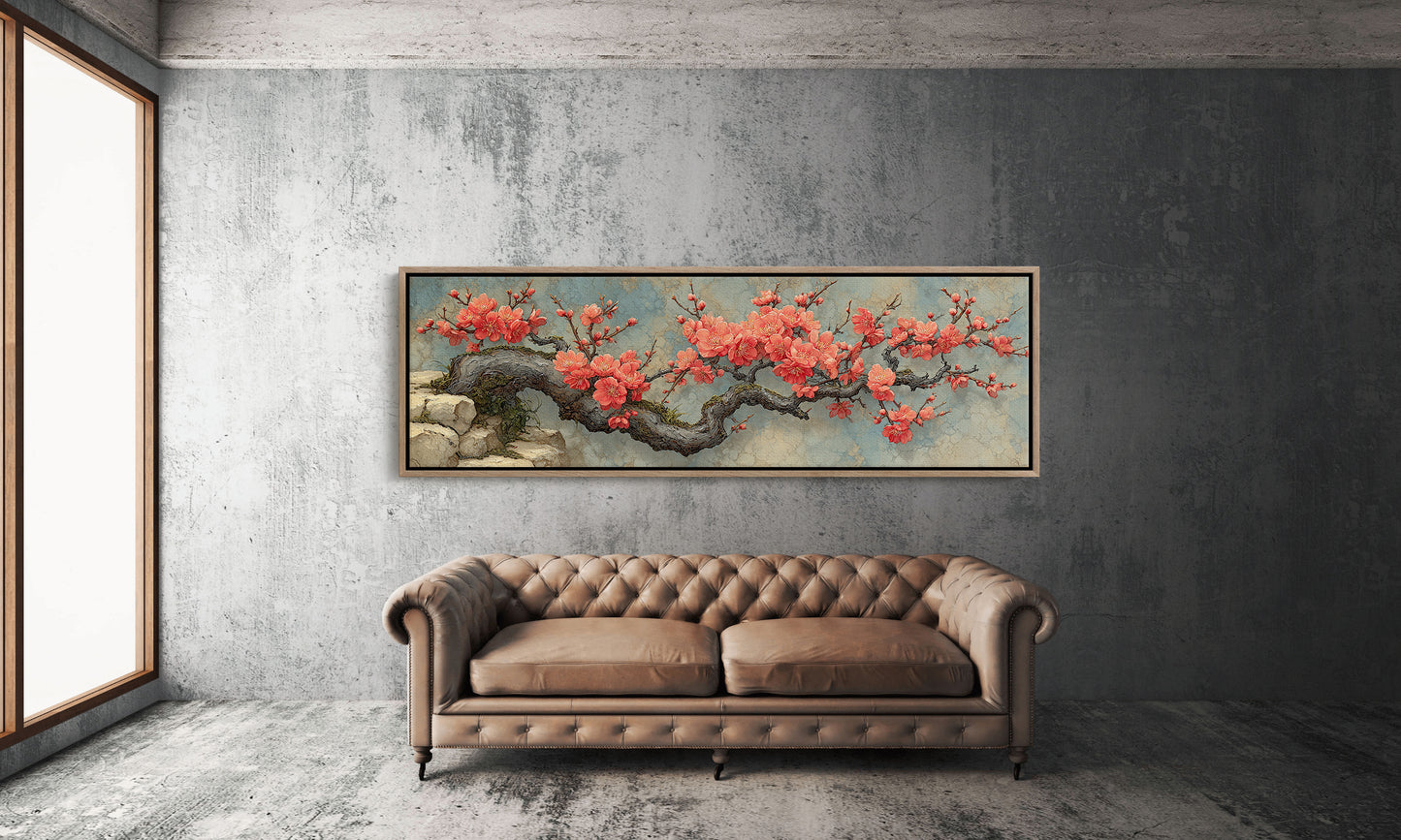 Crimson Blossoms On Ancient Wood
