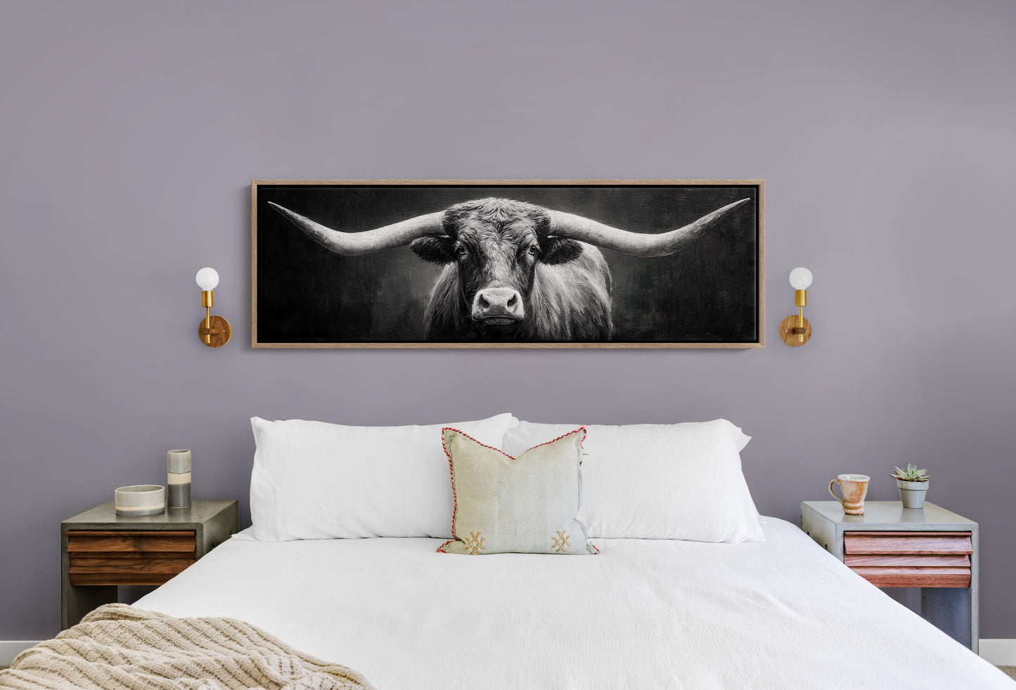 Black and White Longhorn Portrait on Dark Background