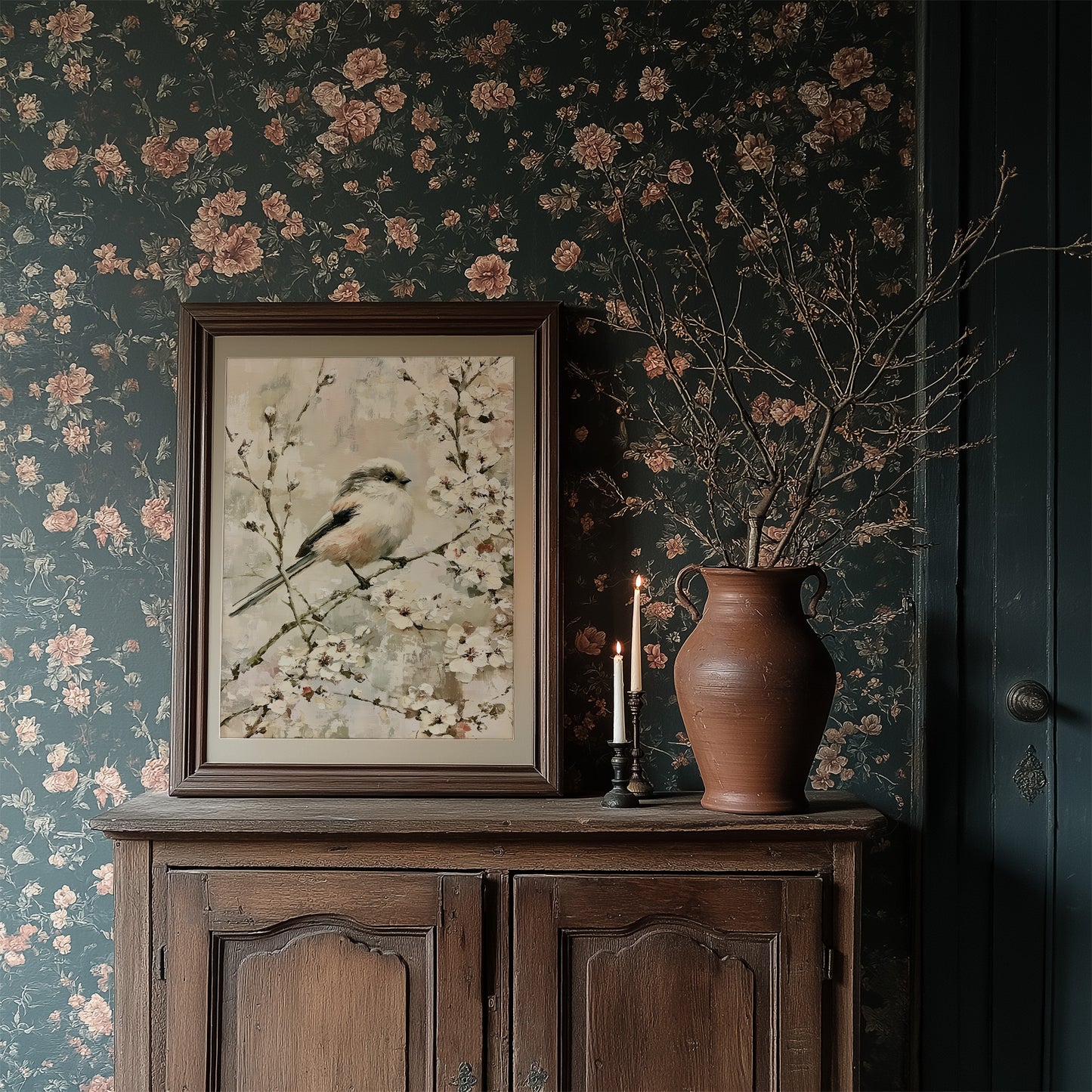 Long-Tailed Tit in Cherry Blossoms — Impasto Bird Painting