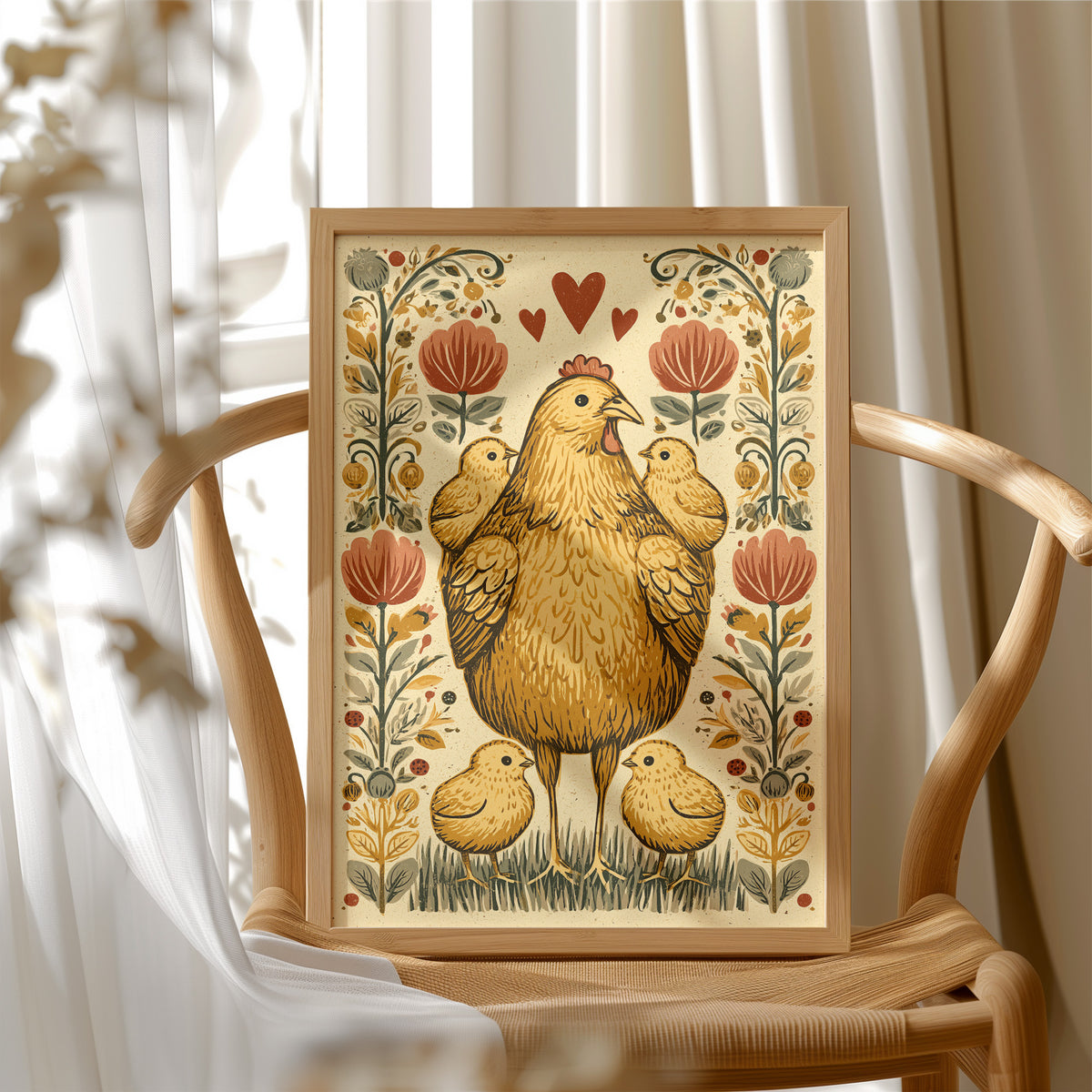 Mother Hen and Chicks — Folk Art Farmhouse Print
