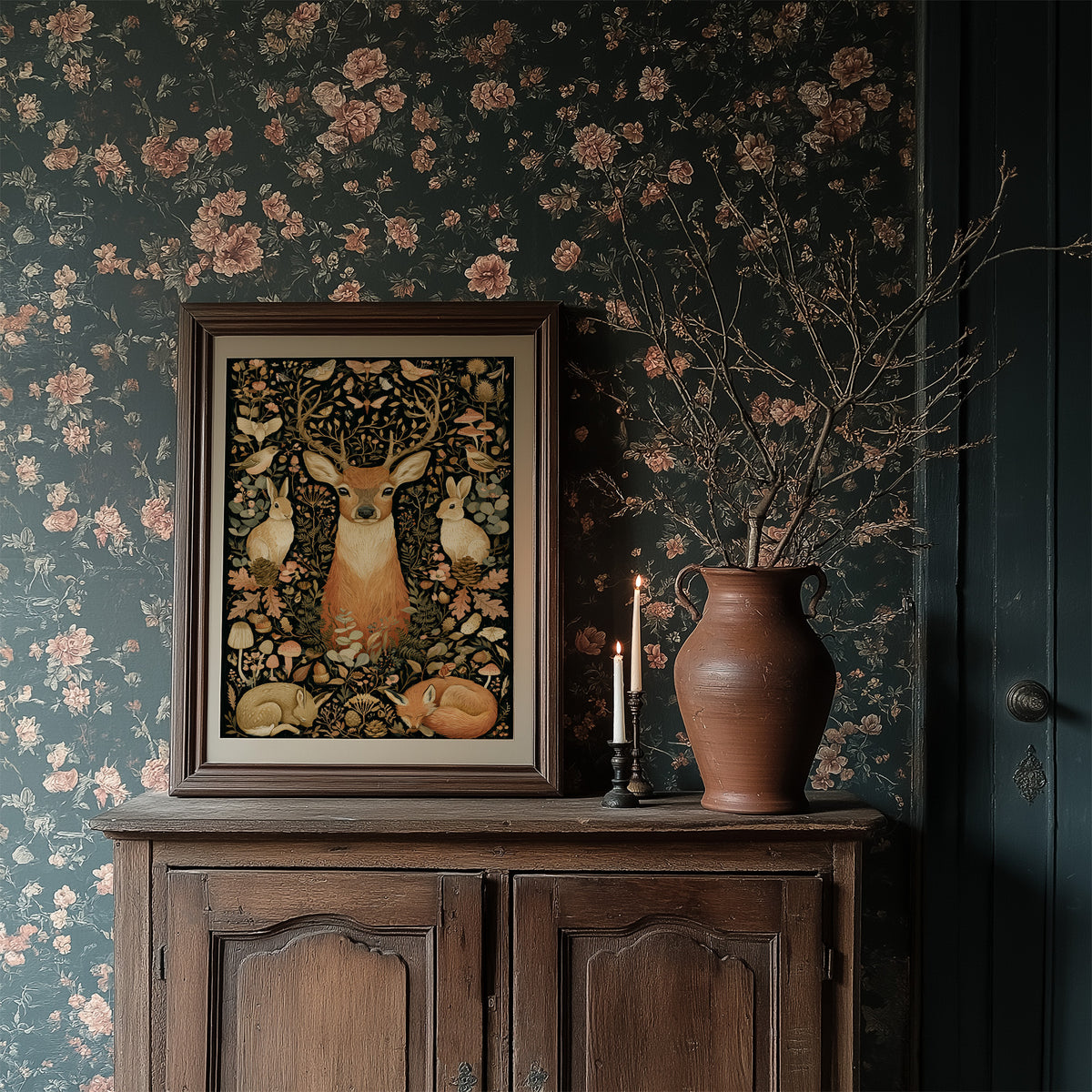 Woodland Tapestry — Blush and Gold Forest Creatures