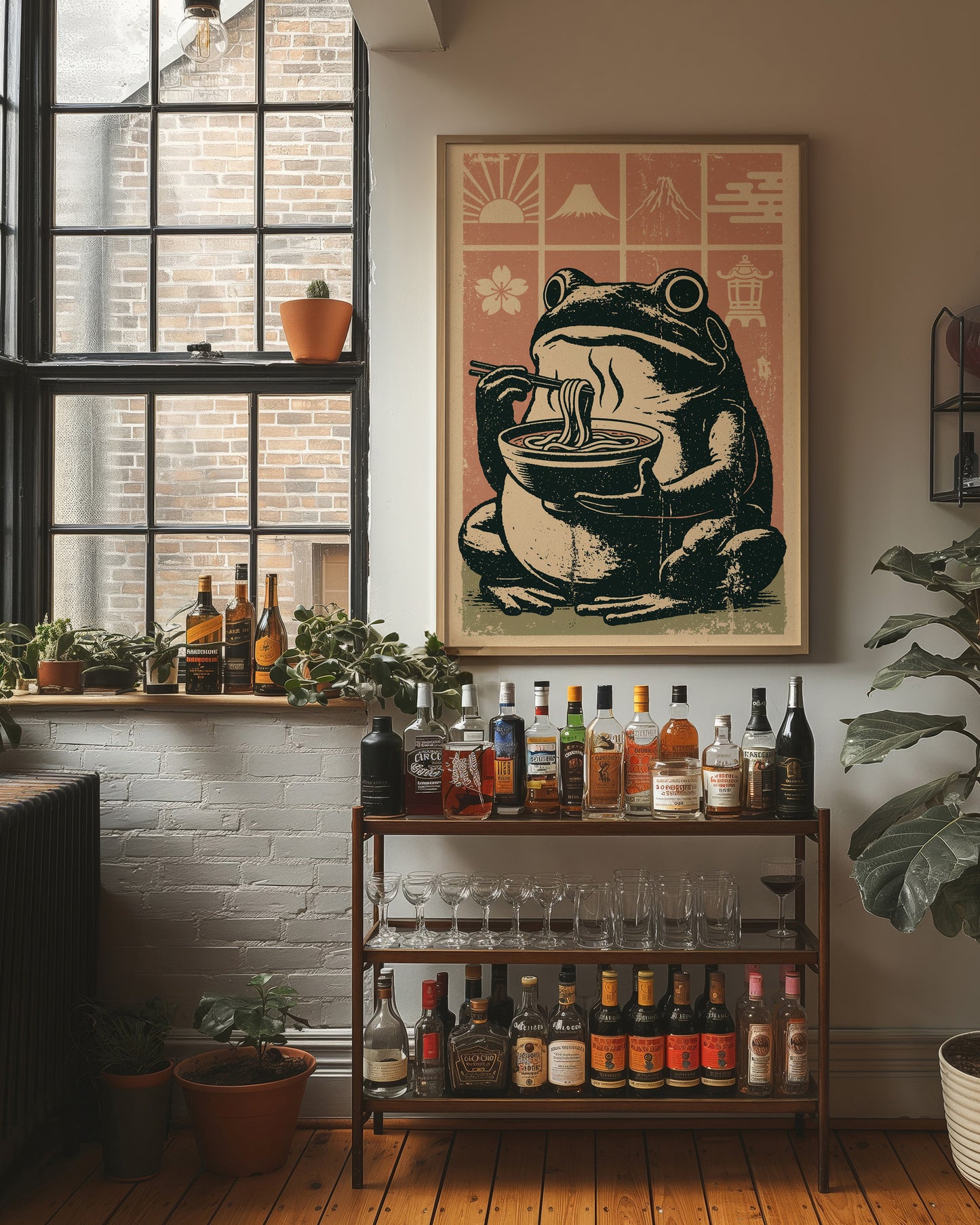 Steamy Ramen Toad: A Woodblock Frog's Slurp