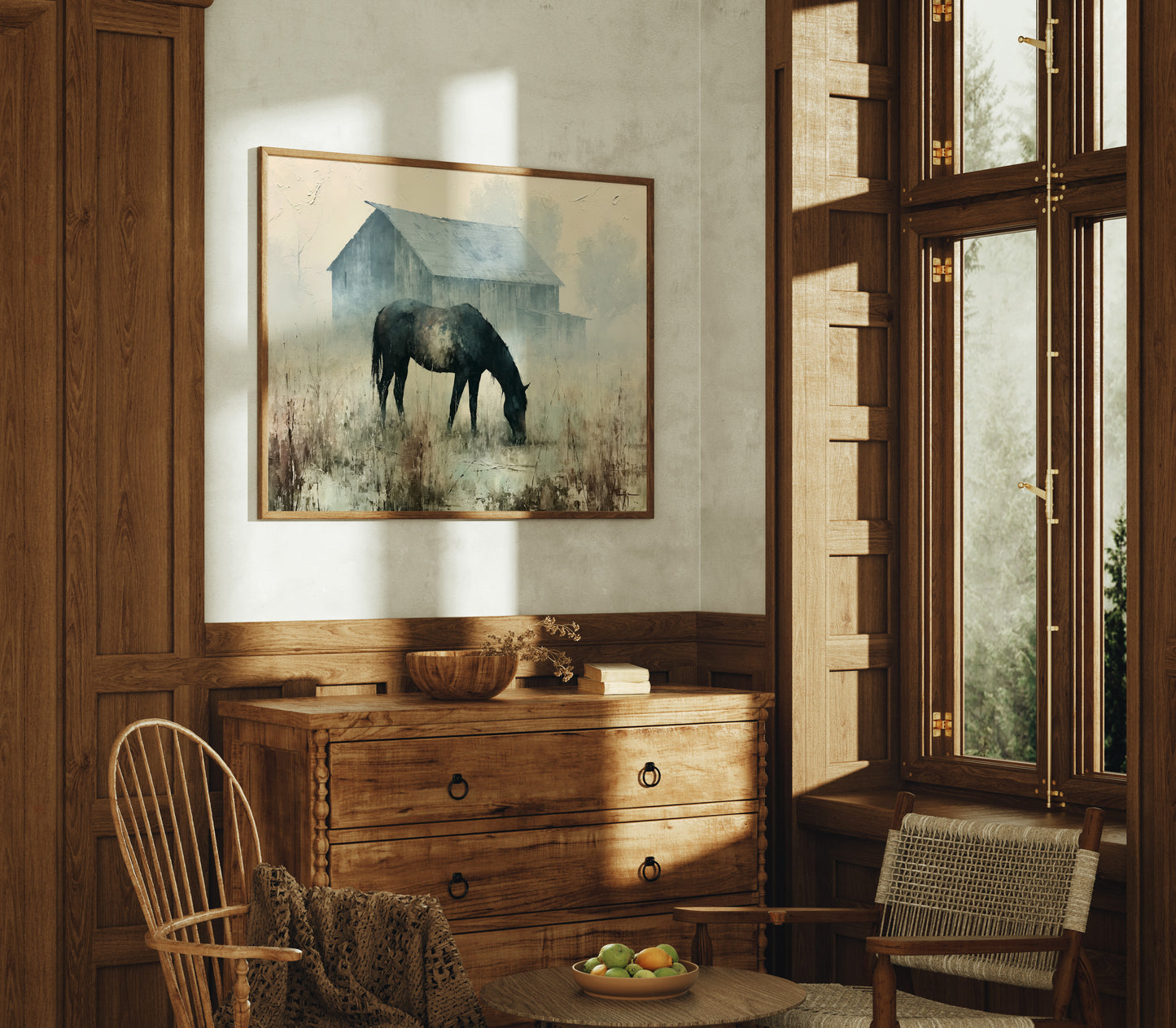 Grazing Horse, Foggy Farmstead