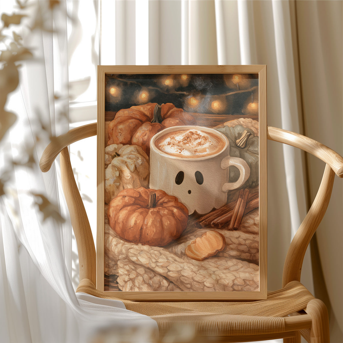 Pumpkin Spice And Everything Boo, framed print resting on a wooden chair beside sheer curtains