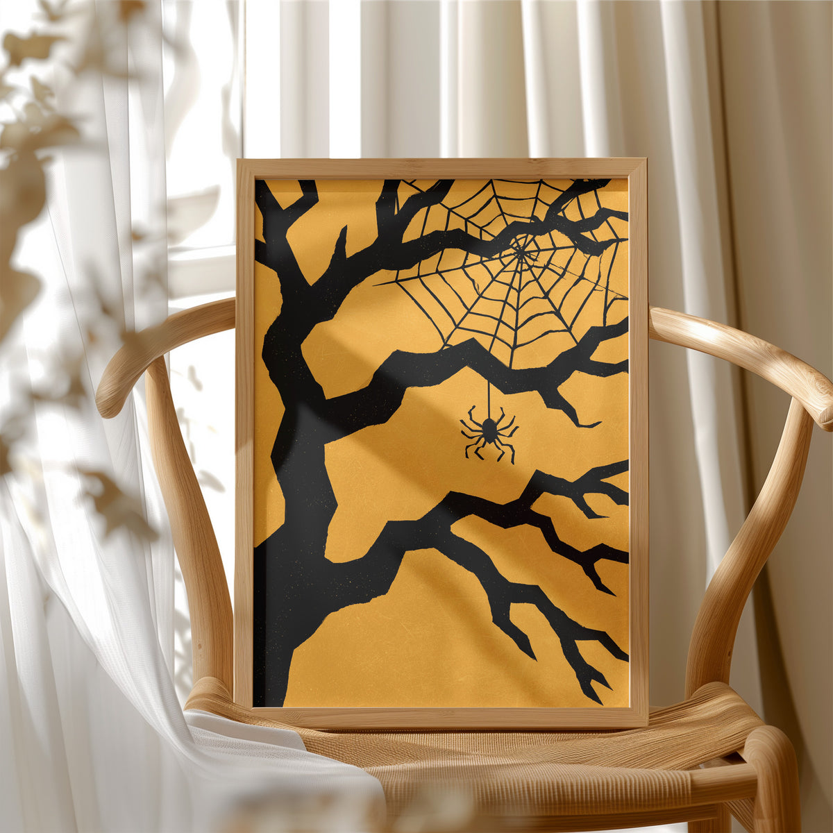 Just Hanging Around, Spookily, framed print resting on a wooden chair beside sheer curtains