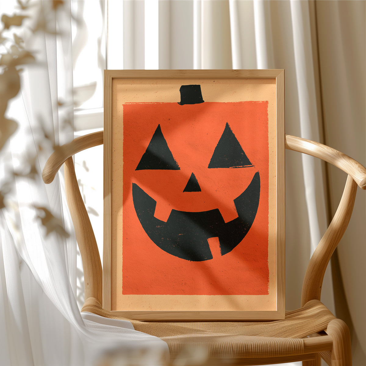 It’s Hip To Be Square, framed print resting on a wooden chair beside sheer curtains