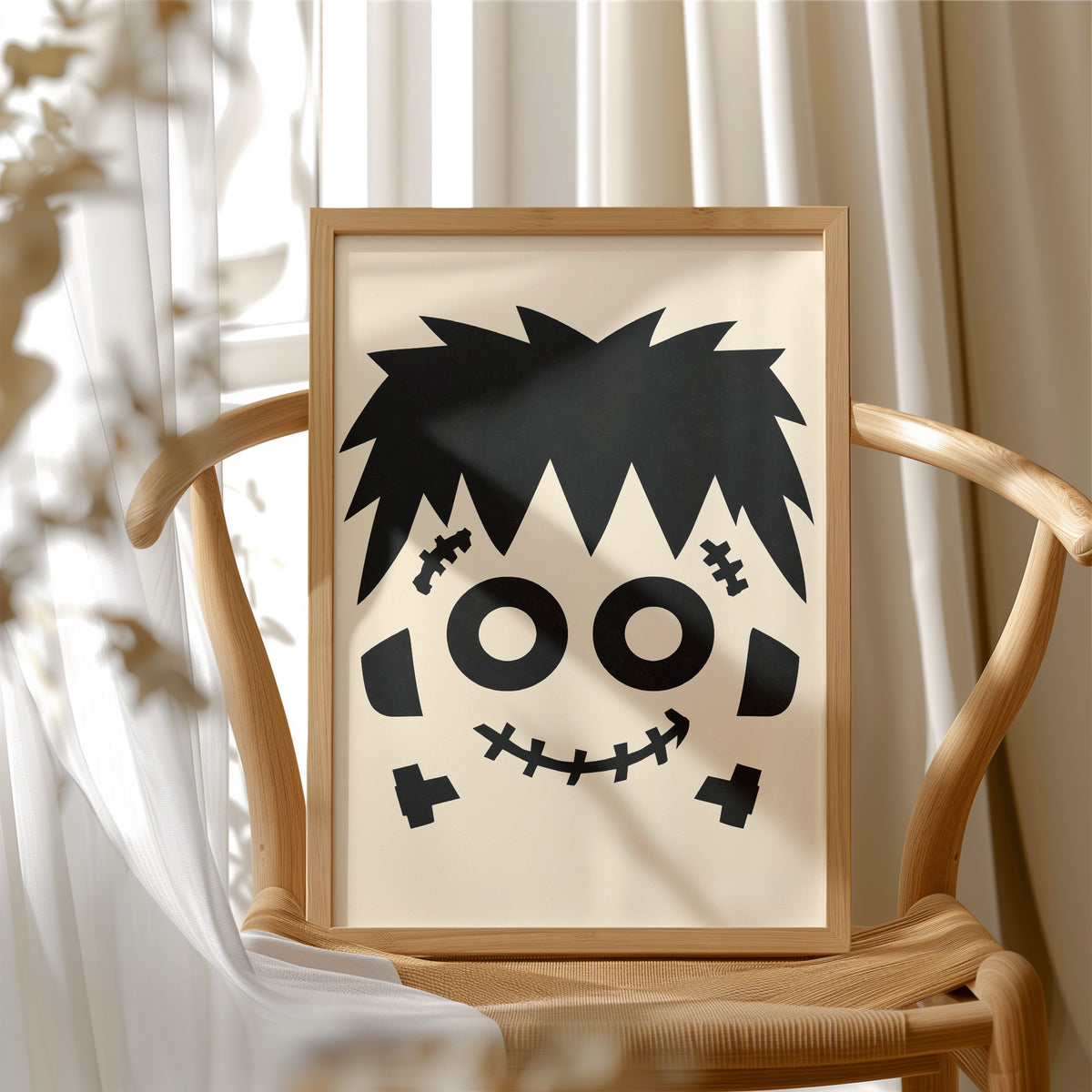 Bolt Of Approval, framed print resting on a wooden chair beside sheer curtains