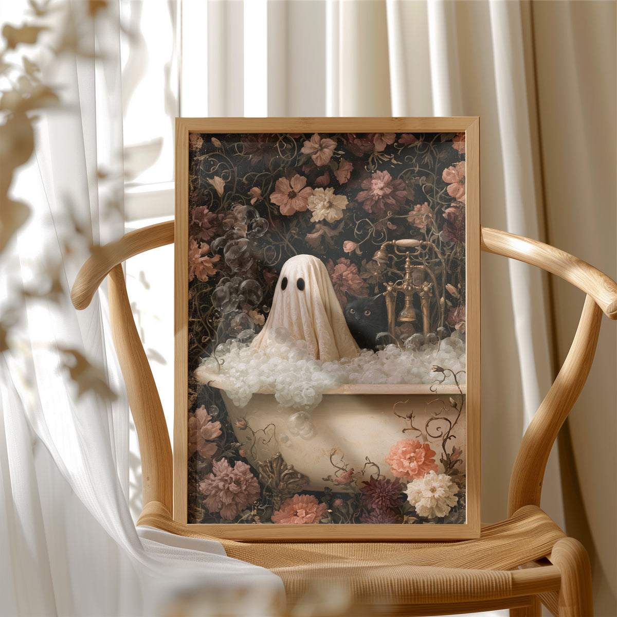 Boo ble Bath With A Side Of Judgment, framed print resting on a wooden chair beside sheer curtains