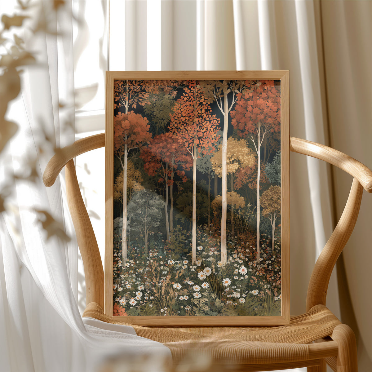 Birch Please, It’s Fall, framed print resting on a wooden chair beside sheer curtains