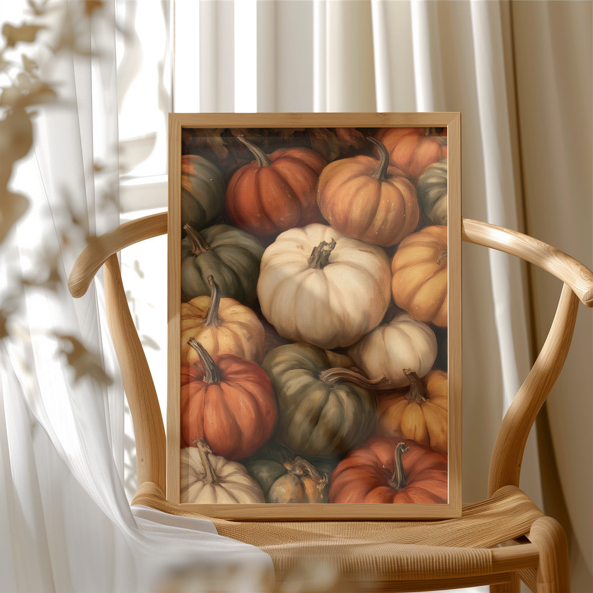 Crowded House, Gourd Edition, framed print resting on a wooden chair beside sheer curtains