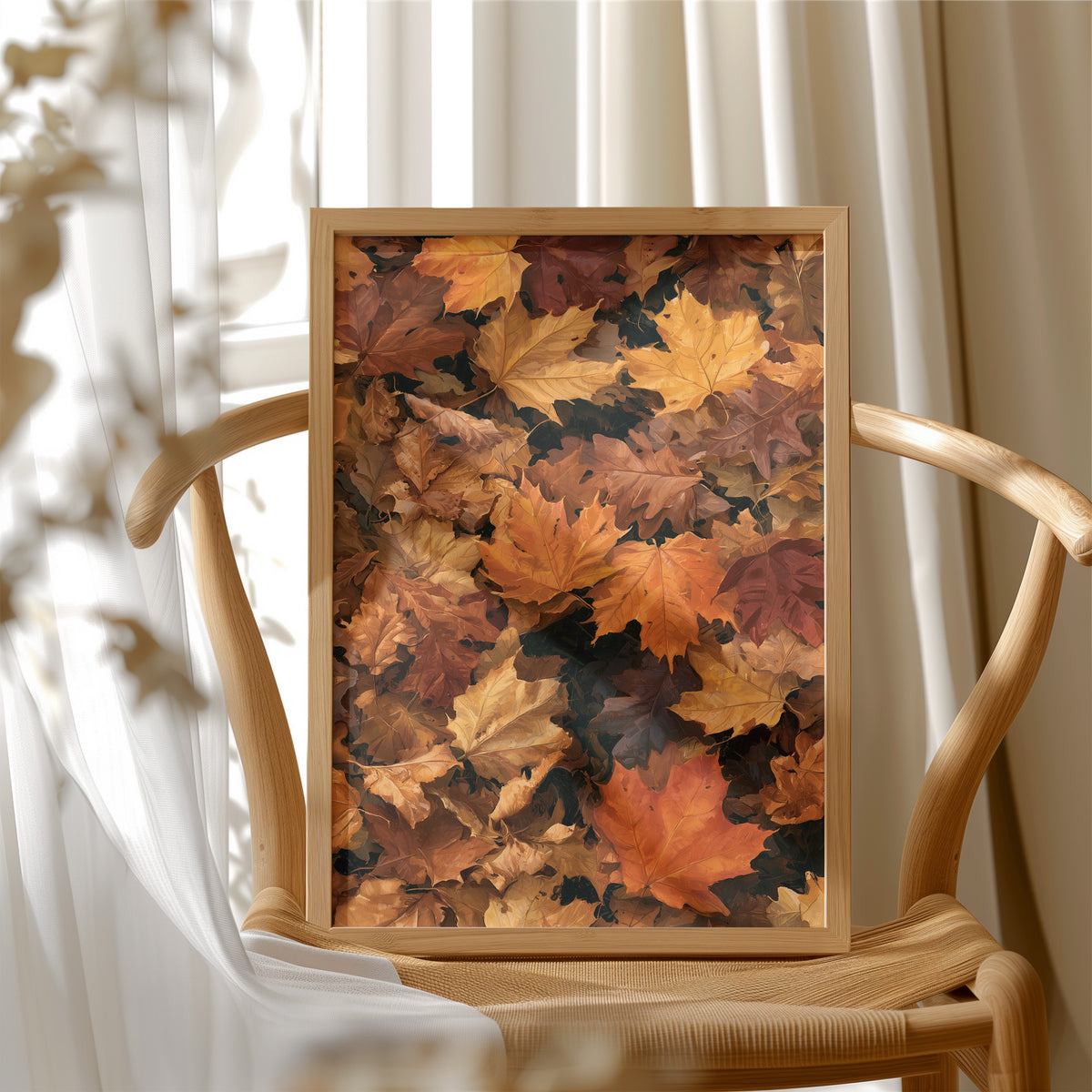 Leaf Me Alone, I’m Resting, framed print resting on a wooden chair beside sheer curtains