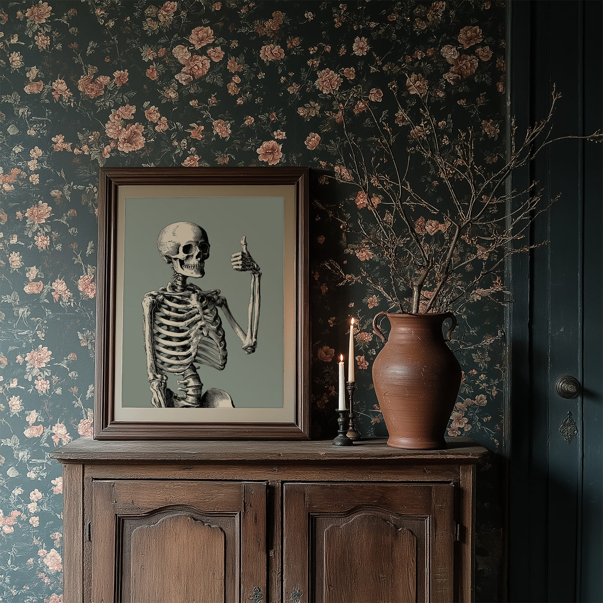 Bone Voyage, You’ve Got This, framed print resting on a wooden chair beside sheer curtains