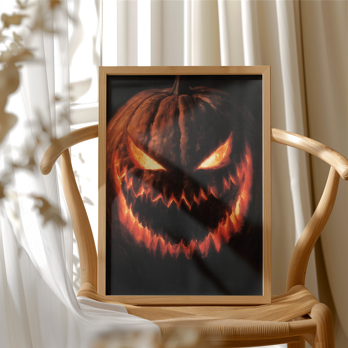 Grin And Bear The Fright, framed print resting on a wooden chair beside sheer curtains