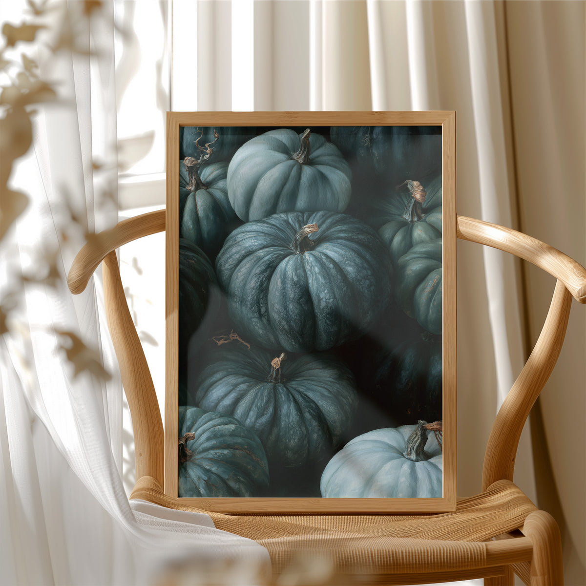 Teal Talk: Gourds Of A Feather, framed print resting on a wooden chair beside sheer curtains
