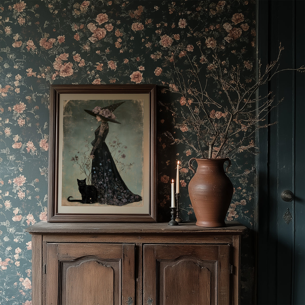 Bloom, Broom, And Feline Backup, framed print resting on a wooden chair beside sheer curtains