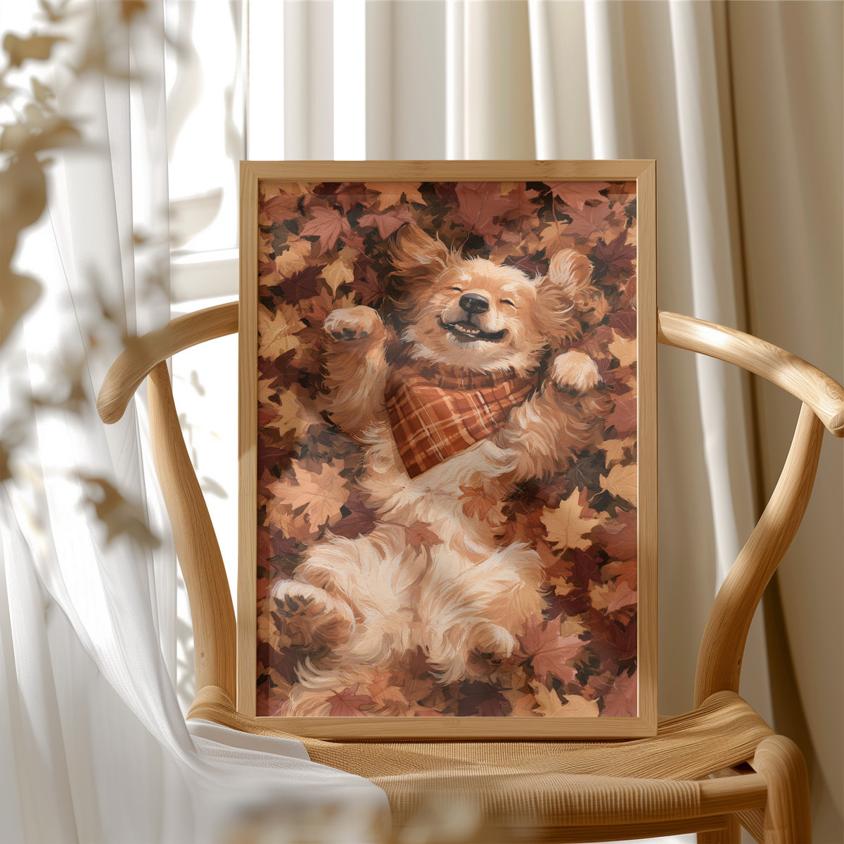 Belly Up, Leaf Pile Approved, framed print resting on a wooden chair beside sheer curtains