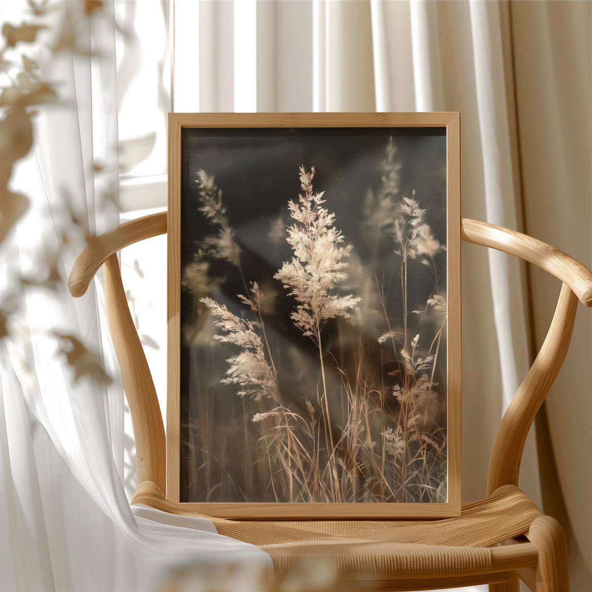 Plume With A View, framed print resting on a wooden chair beside sheer curtains