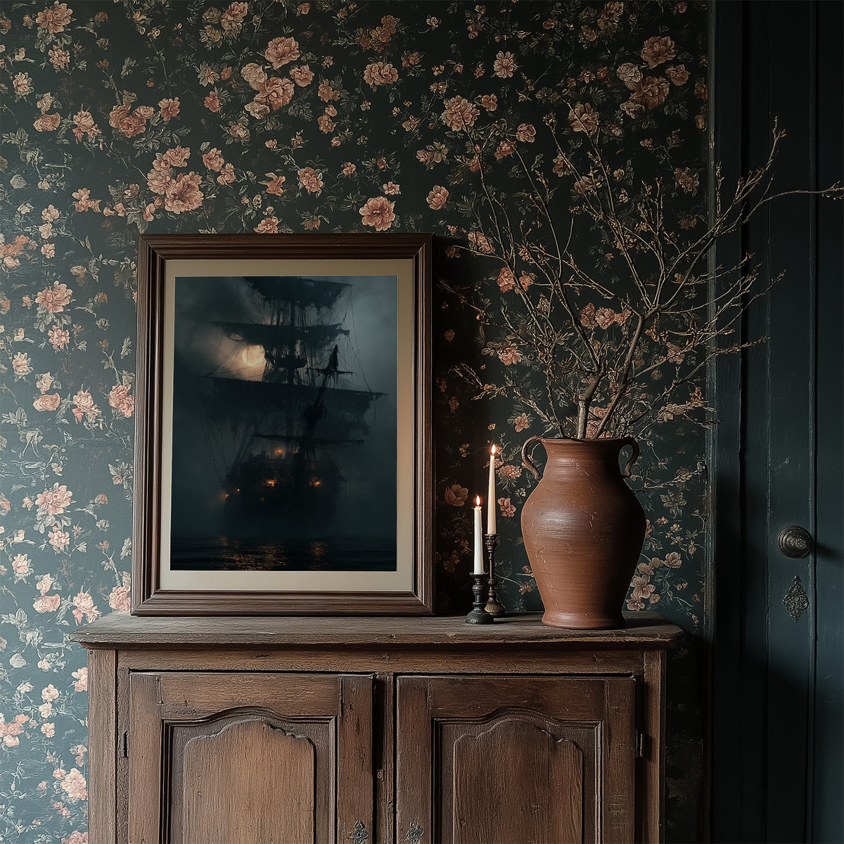 Shipshape It Is Not, framed print resting on a wooden chair beside sheer curtains