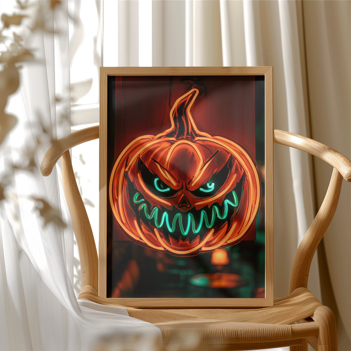 Glow Up, Grin Wide, Scare Hard, framed print resting on a wooden chair beside sheer curtains