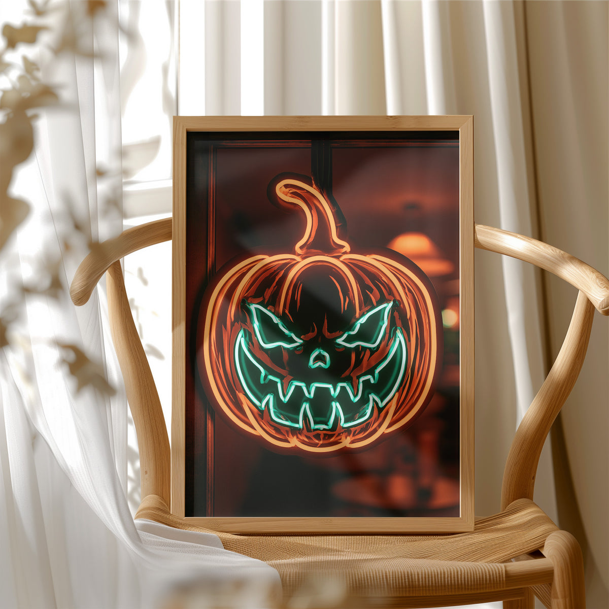 Window Display: Do Not Disturb, framed print resting on a wooden chair beside sheer curtains