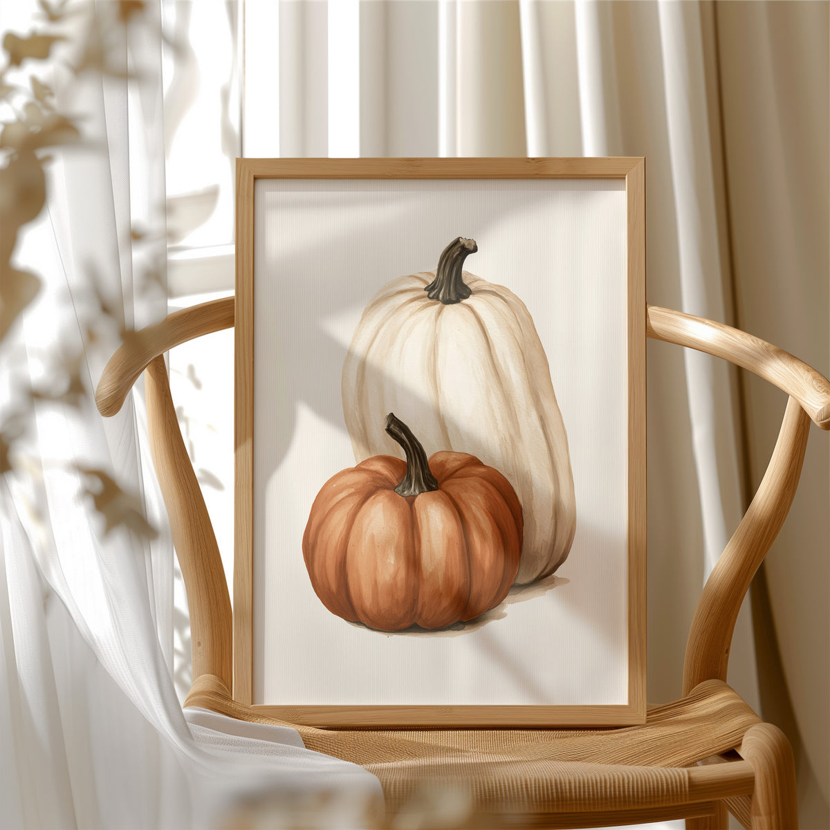 Tall, Pale, And Totally Supportive, framed print resting on a wooden chair beside sheer curtains