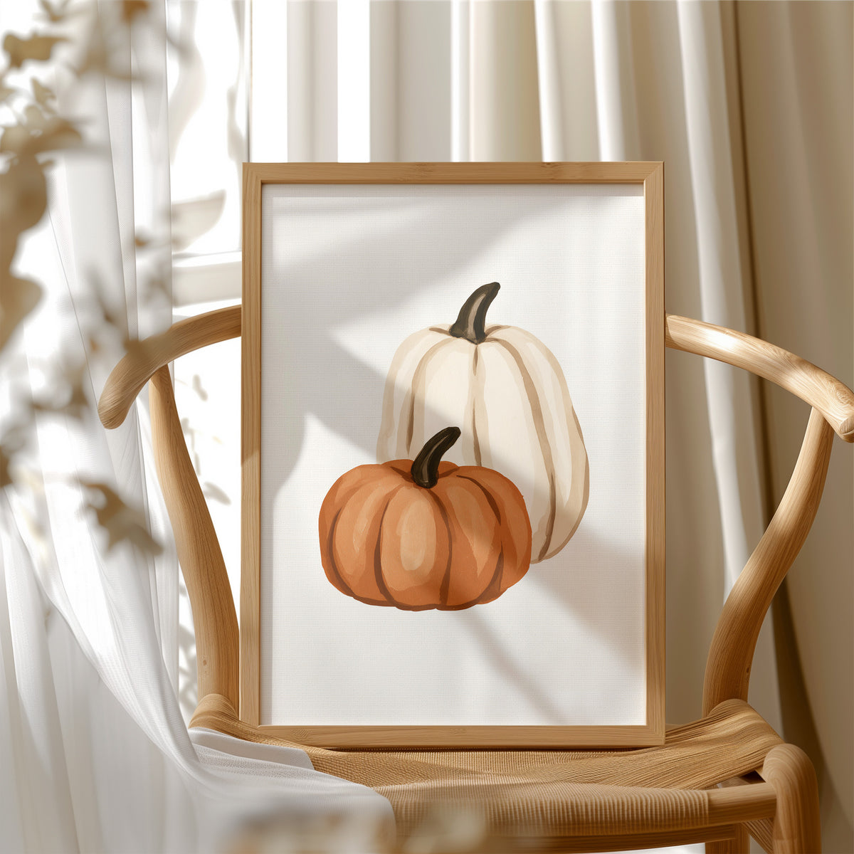 Short Stack, Long Shadow, framed print resting on a wooden chair beside sheer curtains