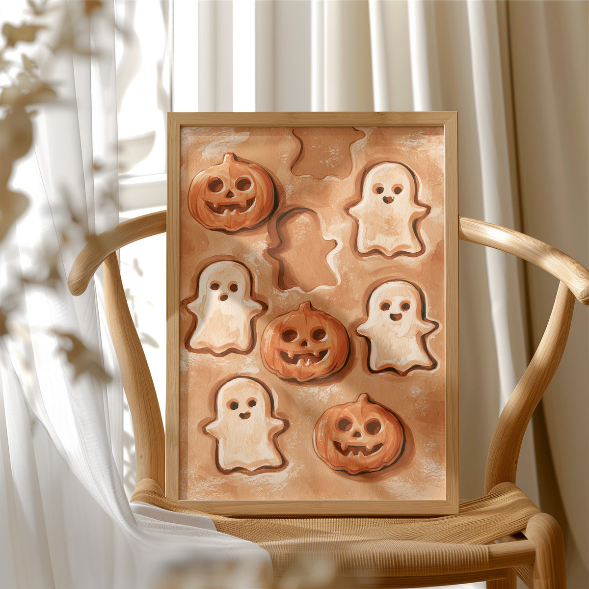 Two Ghosts Already Escaped The Dough, framed print resting on a wooden chair beside sheer curtains